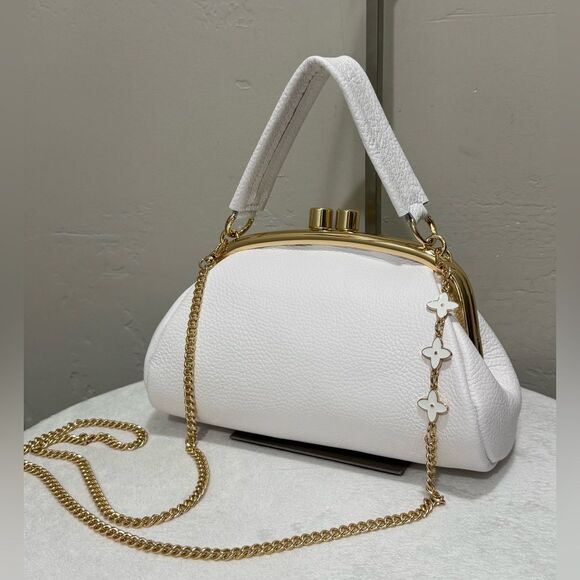 White Premium Pebble Leather Handmade Kisslock Clutch Bag, Multi Use Style - Picture 1 of 13